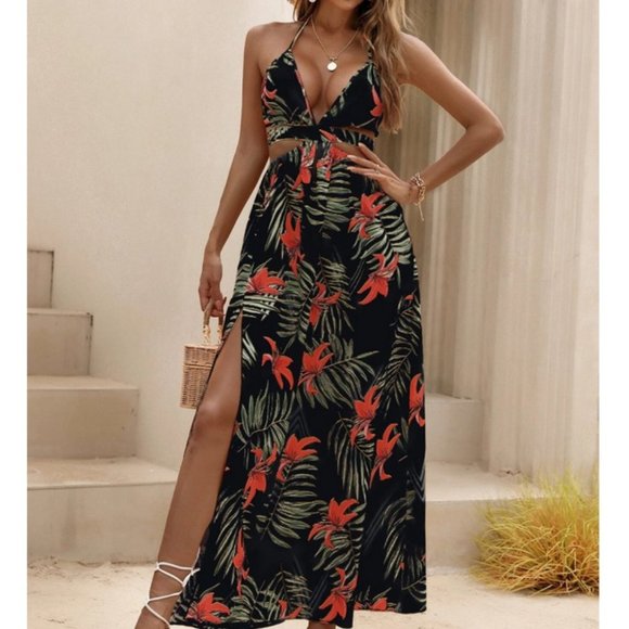 Black Tropical print Maxi dress with thigh slit - Picture 2 of 7